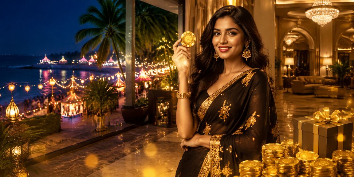 Indian players enjoying online Rummy on mobile devices at night market festivities
