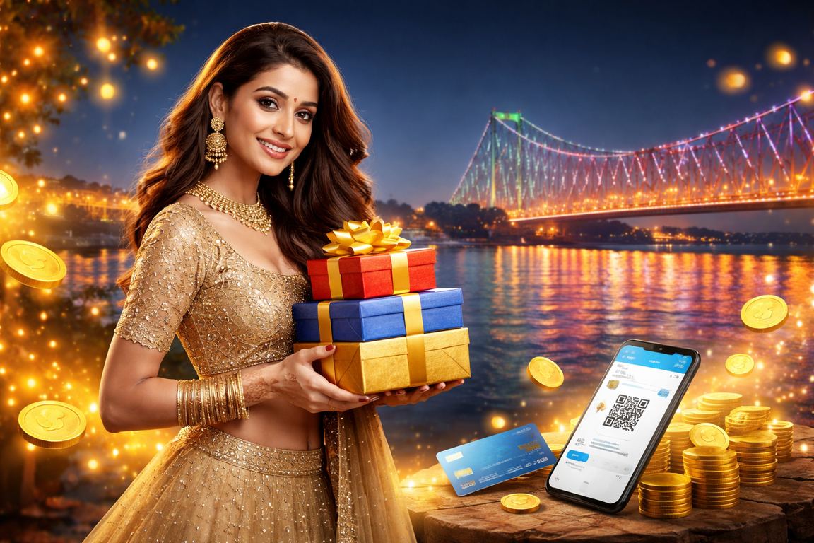 Young adult using mobile payments to access promotions near Howrah Bridge, Kolkata